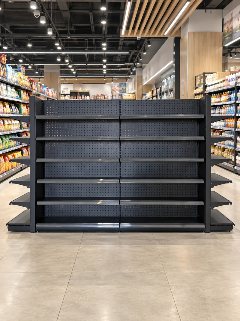 Gôndola preta com painel perfurado e prateleiras em um supermercado