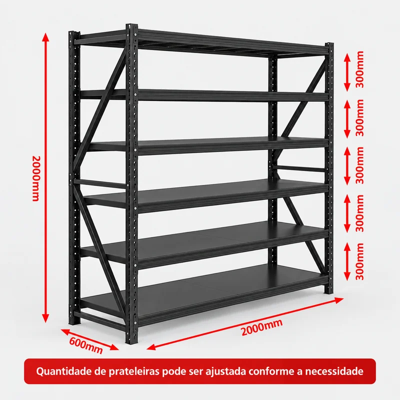 Diagrama da estante preta: 2.000 mm de largura, 600 mm de profundidade e 2.000 mm de altura, com exemplo de montagem de 6 níveis