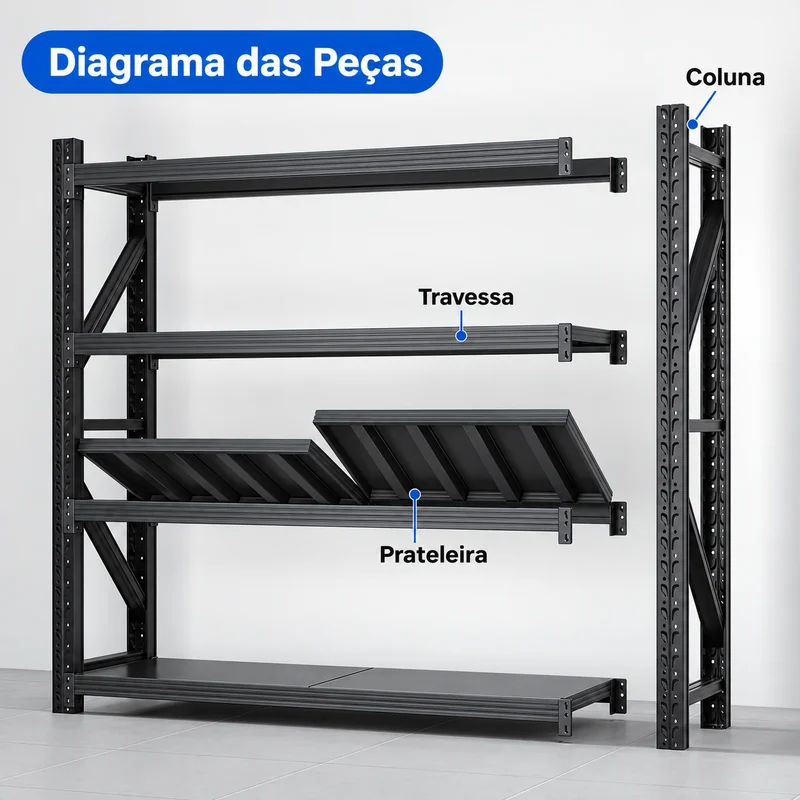 Diagrama das peças da estante preta, com identificação da coluna, da travessa e da prateleira