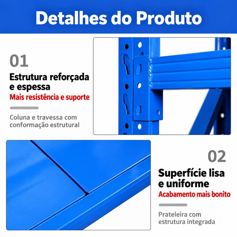 Detalhes do encaixe entre coluna e travessa e do acabamento da prateleira da estante azul