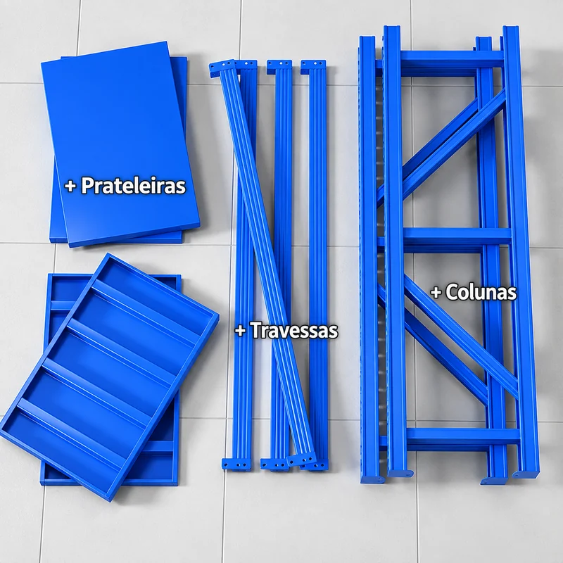 Peças da estante azul desmontada: colunas, travessas e painéis de prateleira